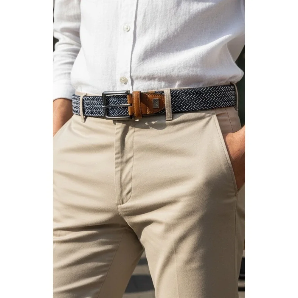 Lee Mens Braided Elastic Stretch Belt XL 46 Navy White Brown‎ Casual